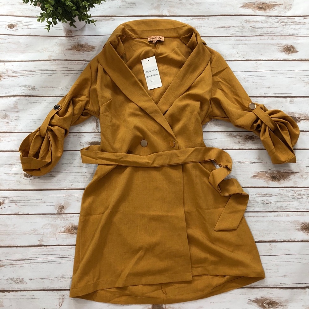 Women's Mustard Long-Sleeve Wrap Dress with Belt